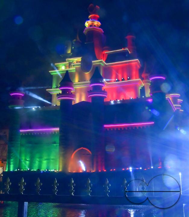 An illuminated "pandal", or temporary platform is seen where the idols of Durga are kept, and the worship of the Mother Goddess Durga is taking place during the Durga Puja festival in Agartala