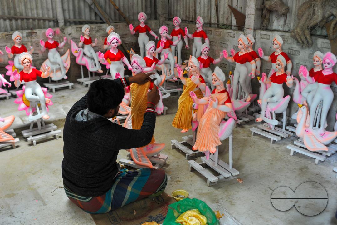 Hindu deity Saraswati's statue is being decorated in Sylhet