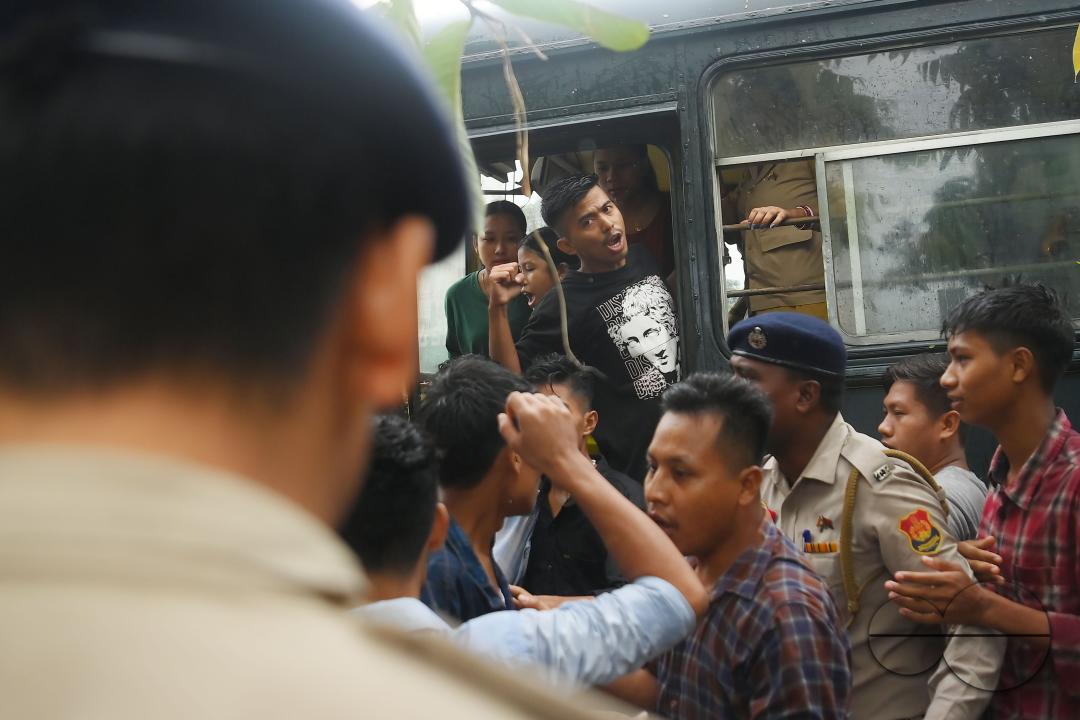 The members and supporters of the TSF (Twipra Students Federation) are protesting and demanding the introduction of Kokborok in Roman Script and passage of the 125th Constitutional Amendment Bill during their statewide 12-hour strike in Agartala