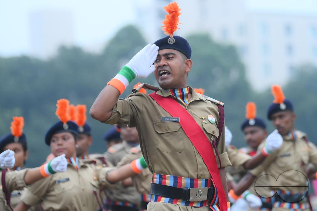 Soldiers of different platoons at the 77th Independence Day parade at the Assam Rifles ground in Agartala