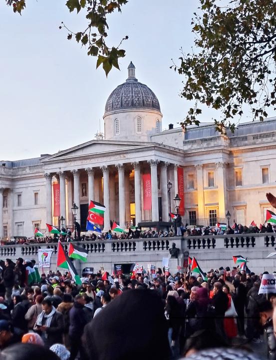Thousands of protestors raise voices, carry placards and show their support for Palestinians, at Trafalgar Square, central London