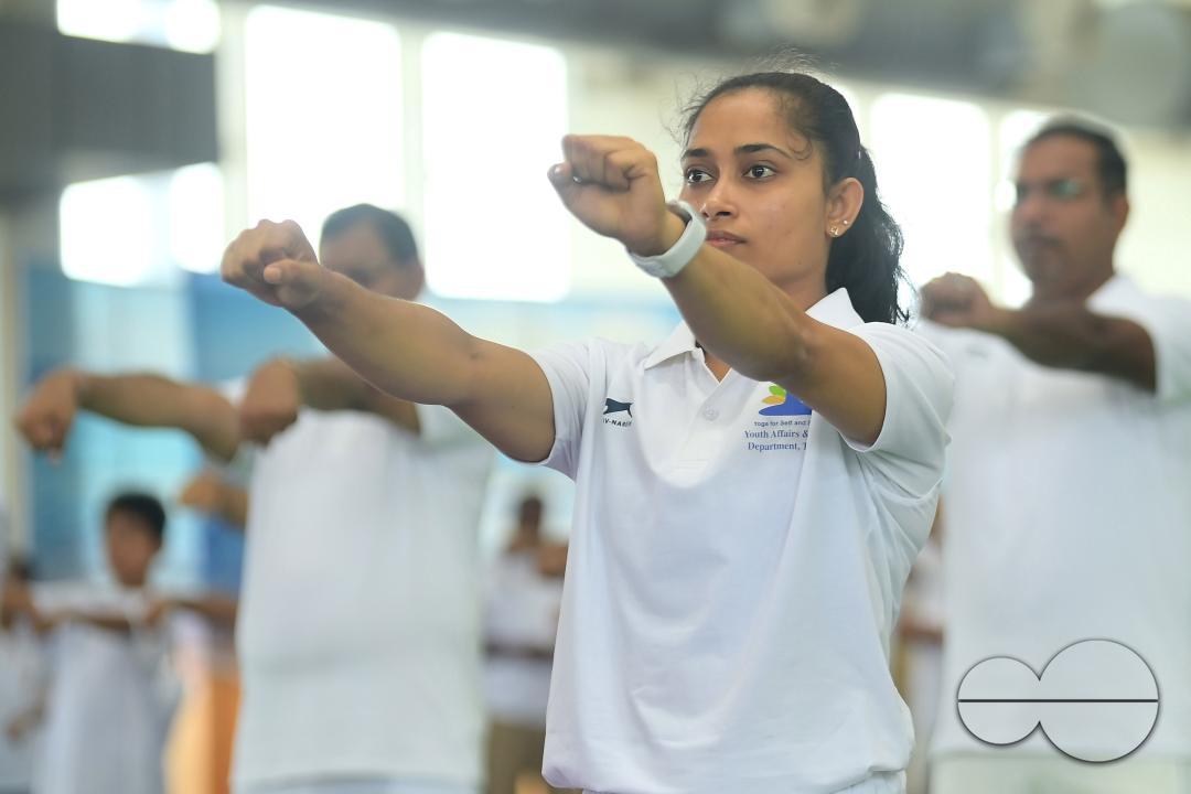 Padmashree awardee Olympian Dipa Karmakar performing yoga during 10th International Day of Yoga at the International Exhibition Ground in Agartala