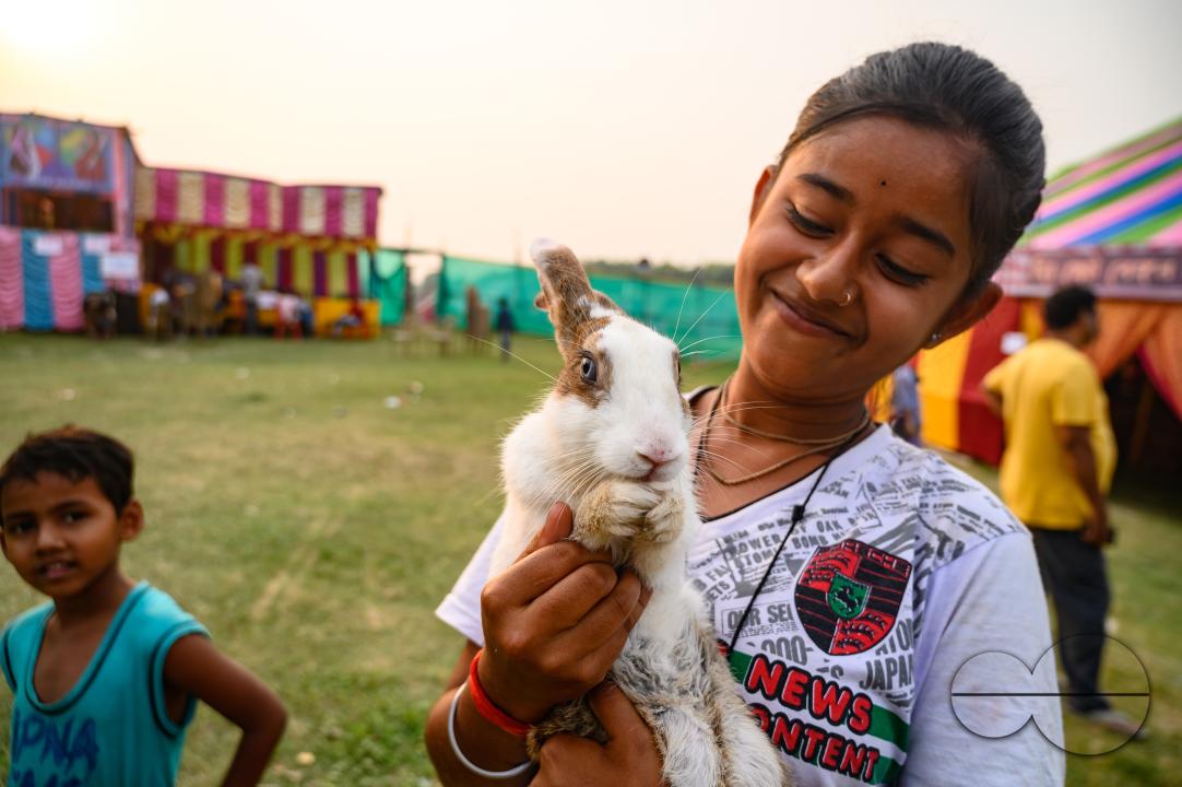 A young village girl and her brother visit the fair with their pet rabbit