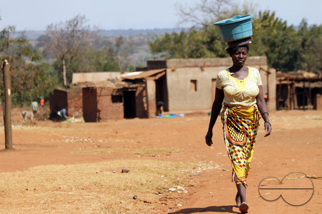 A woma balancing a plastic dish on her head as she walks towards a water point in Malingunde, Lilongwe, Malawi.