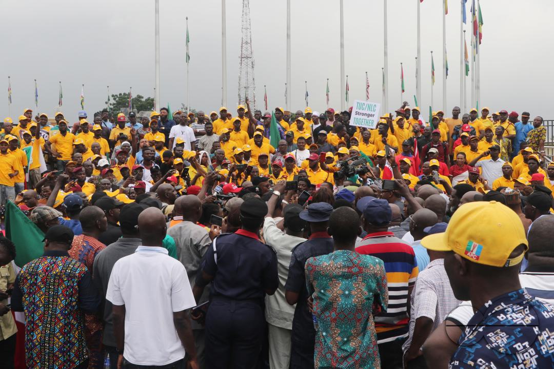 Members of  the Trade Union Congress (TUC) and the Road Transport Employers Association of Nigeria, RTEAN gather to protest against the ban on RTEAN operations by the Lagos state government in Ikeja, Lagos, Nigeria.