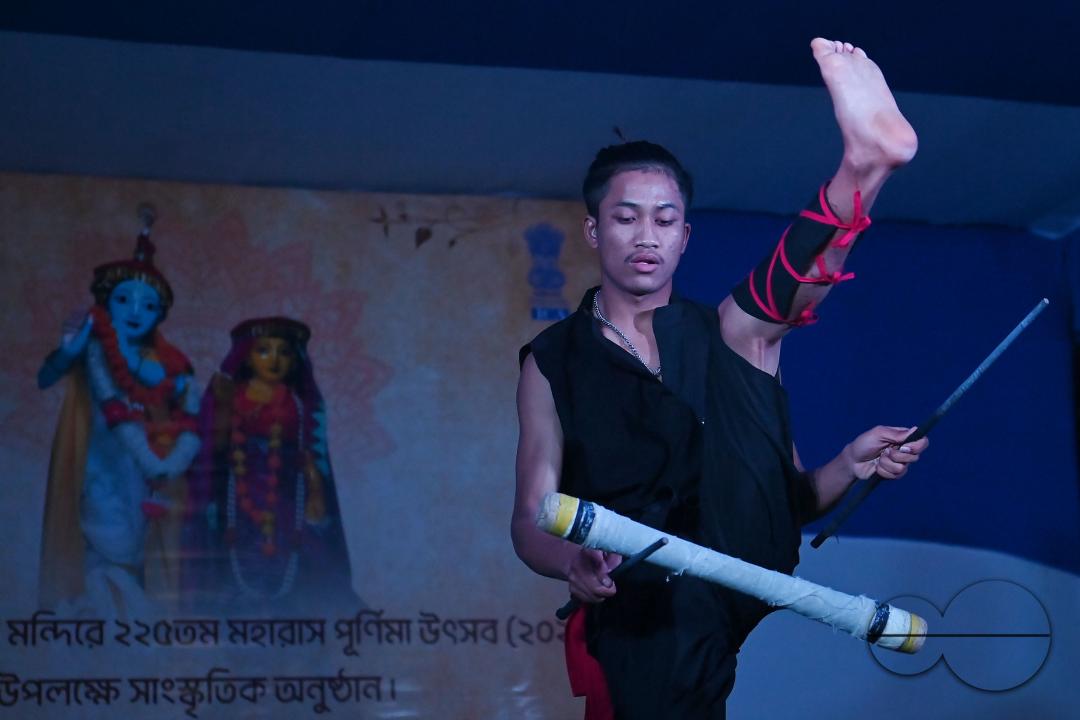 Manipuri martial arts students performing at the opening program of the 225th Raas Festival in Radha madhab Mandir at Agartala