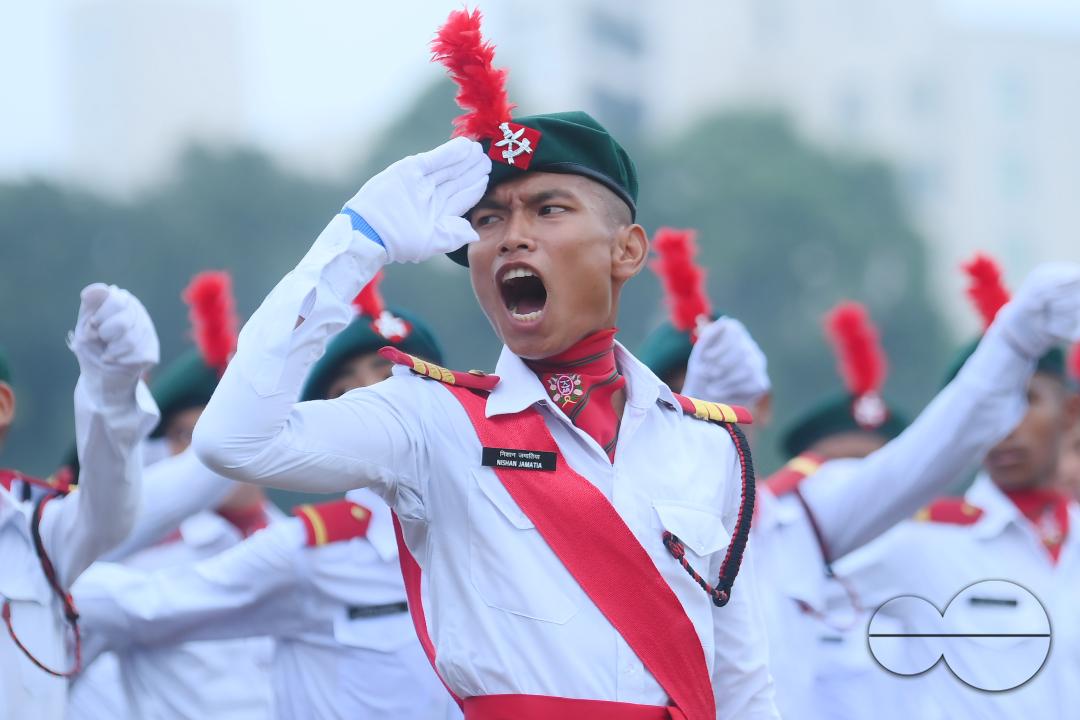 Soldiers of different platoons at the 77th Independence Day parade at the Assam Rifles ground in Agartala