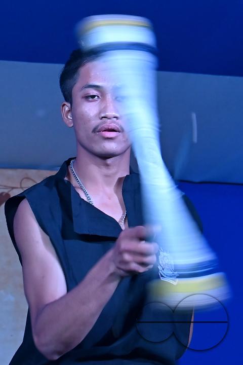 Manipuri martial arts students performing at the opening program of the 225th Raas Festival in Radha madhab Mandir at Agartala