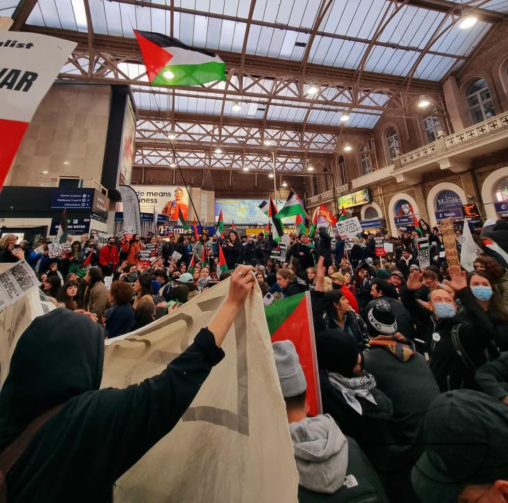 Thousands of protestors raise voices, carry placards and show their support for Palestinians, at Trafalgar Square, central London