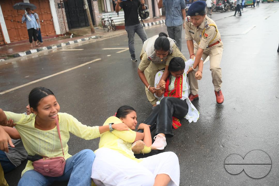 The members and supporters of the TSF (Twipra Students Federation) are protesting and demanding the introduction of Kokborok in Roman Script and passage of the 125th Constitutional Amendment Bill during their statewide 12-hour strike in Agartala