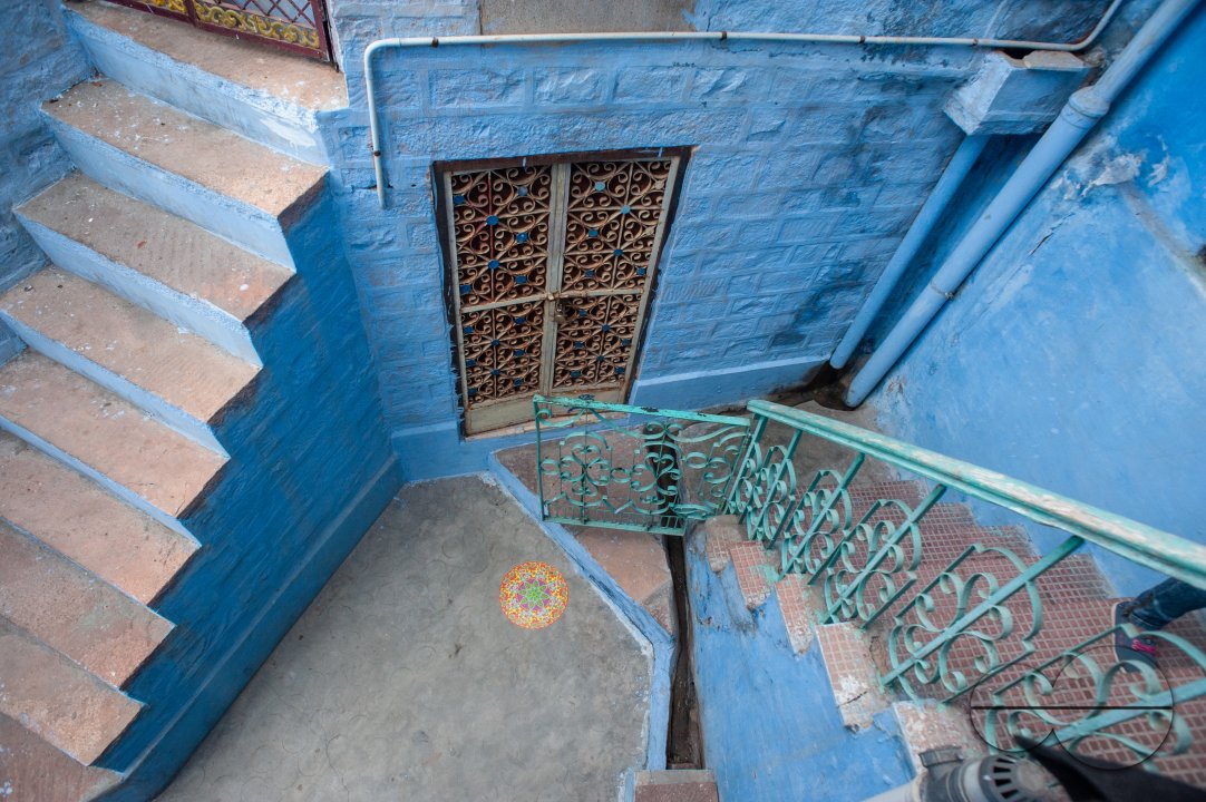 Staircases in the old city of Jodhpur, where many walls are traditionally painted blue.