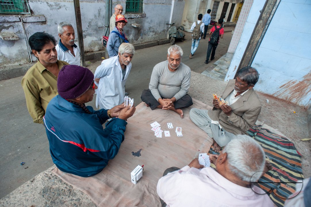 Elderly local men play cards in the bylanes of Jodhpur as tourists and other locals watch.
