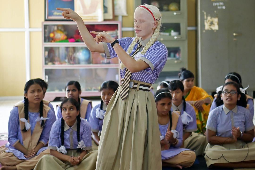 A student at the Institute for Visually Handicapped is performing a dance during the 'Children's Day' celebration at the institute's campus in Narsingarh, in Agartala