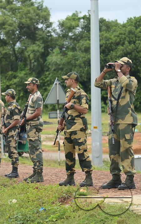 Security personals of the Border Security Force (BSF) providing tight security and patrolling the India- Bangladesh rail line in Nischinta Pur area, in precaution to the ongoing anti-quota protests in neighbouring country Bangladesh