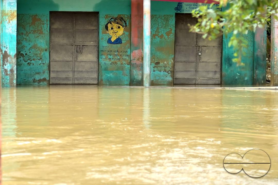A school is seen submerged in floodwaters on the outskirts of Amarpur city, about 82 km away from Agartala