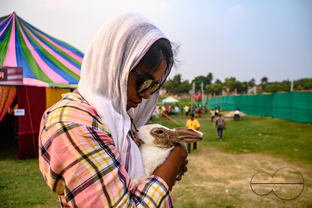 A young village girl and her brother visit the fair with their pet rabbit