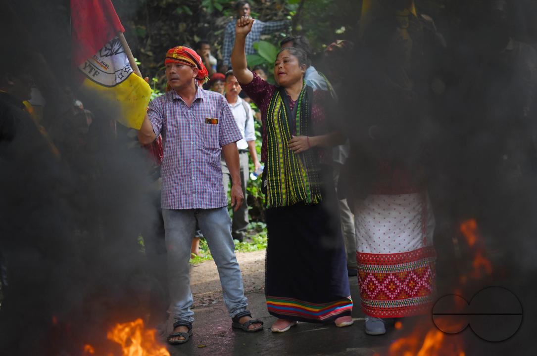 The âTipraha Indigenous Progressive Regional Alliance (TIPRA)ââ supporters raise slogans demanding a separate Greater Tipraland state for tribals, in Bermuda Ashram Para