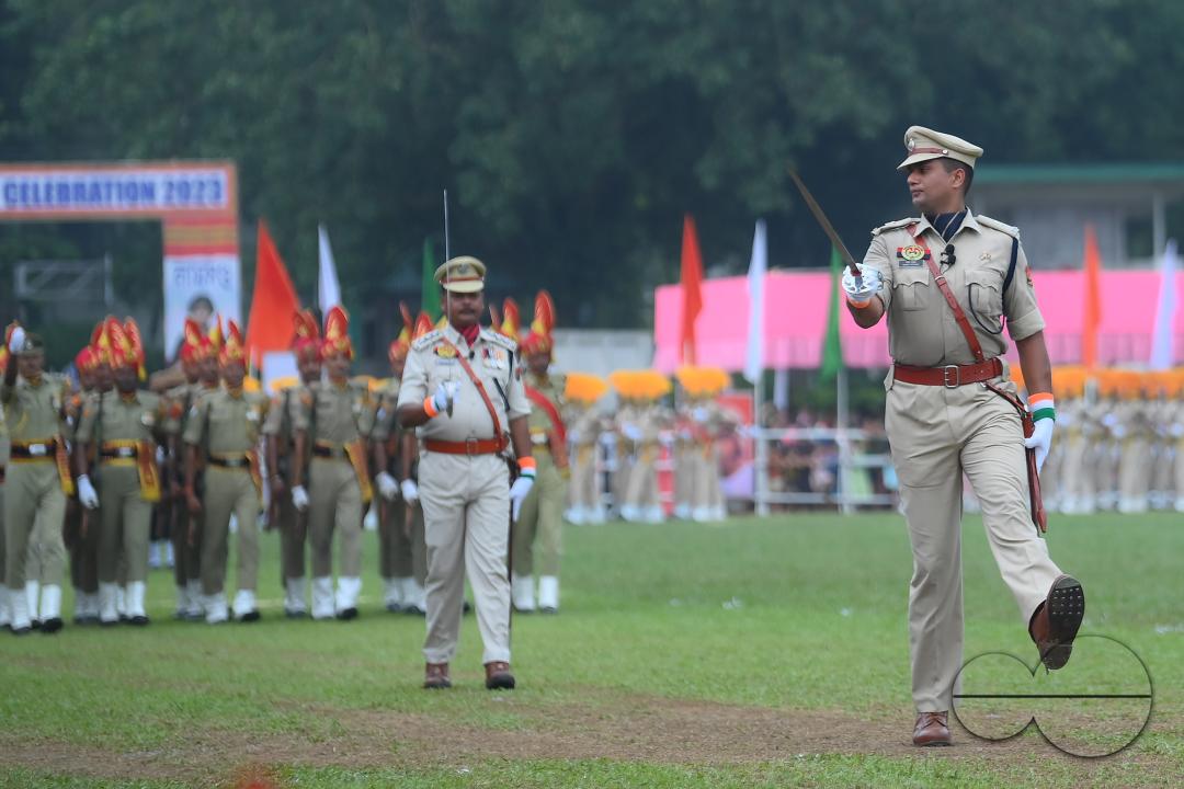 Soldiers of different platoons at the 77th Independence Day parade at the Assam Rifles ground in Agartala