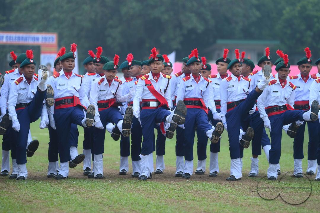 Soldiers of different platoons at the 77th Independence Day parade at the Assam Rifles ground in Agartala