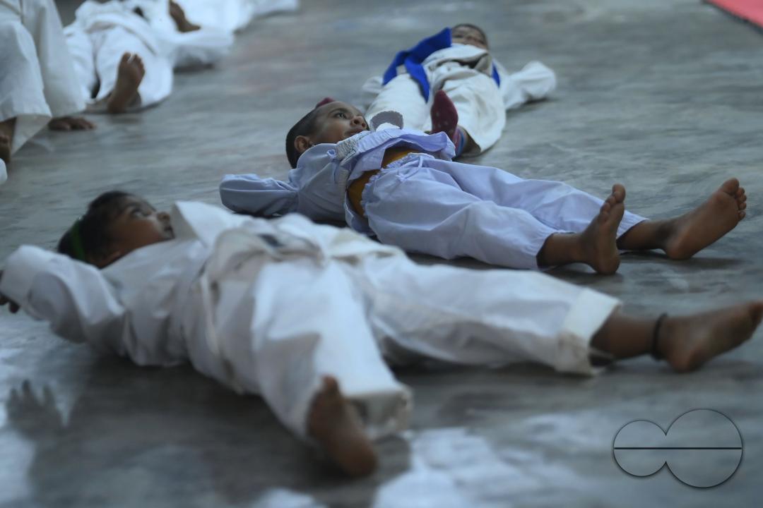 Children, who are students of the "Shotokan Karate-Do Association of Tripura", are seen performing karate during a special class on Children's day in Barjala, at Agartala