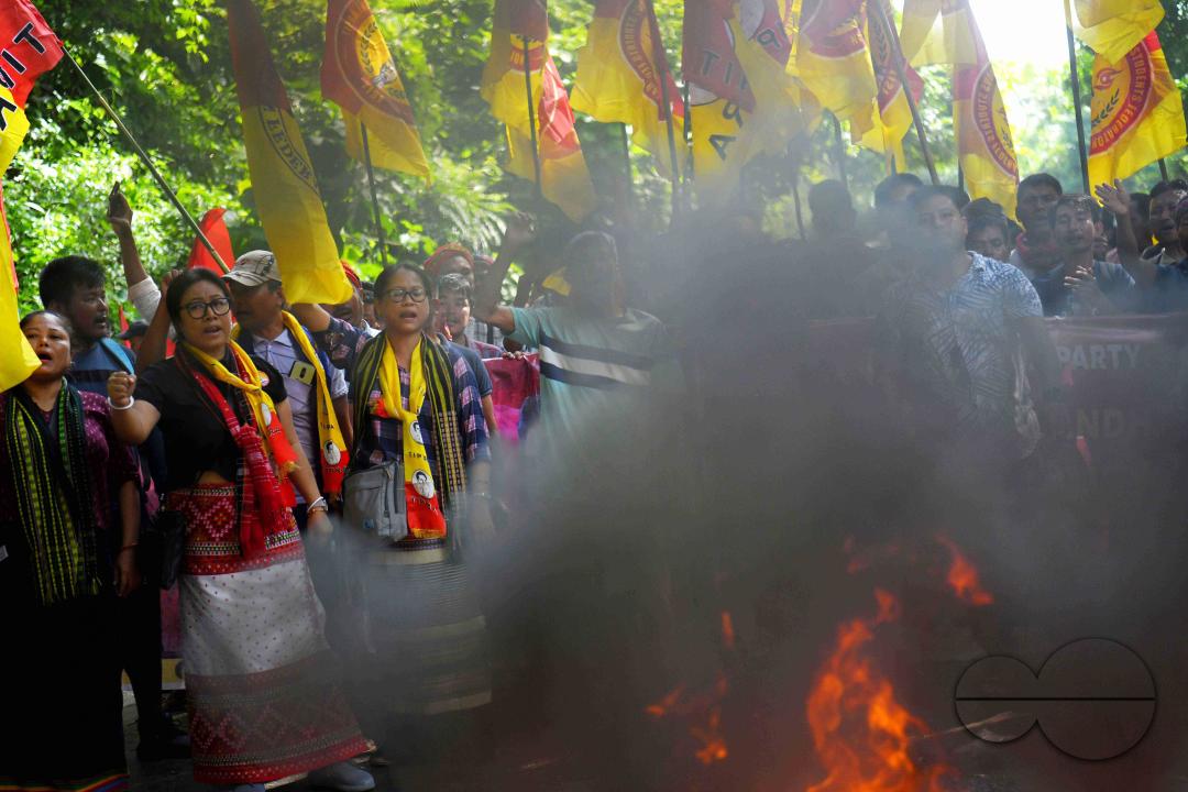 The âTipraha Indigenous Progressive Regional Alliance (TIPRA)ââ supporters raise slogans demanding a separate Greater Tipraland state for tribals, in Bermuda Ashram Para