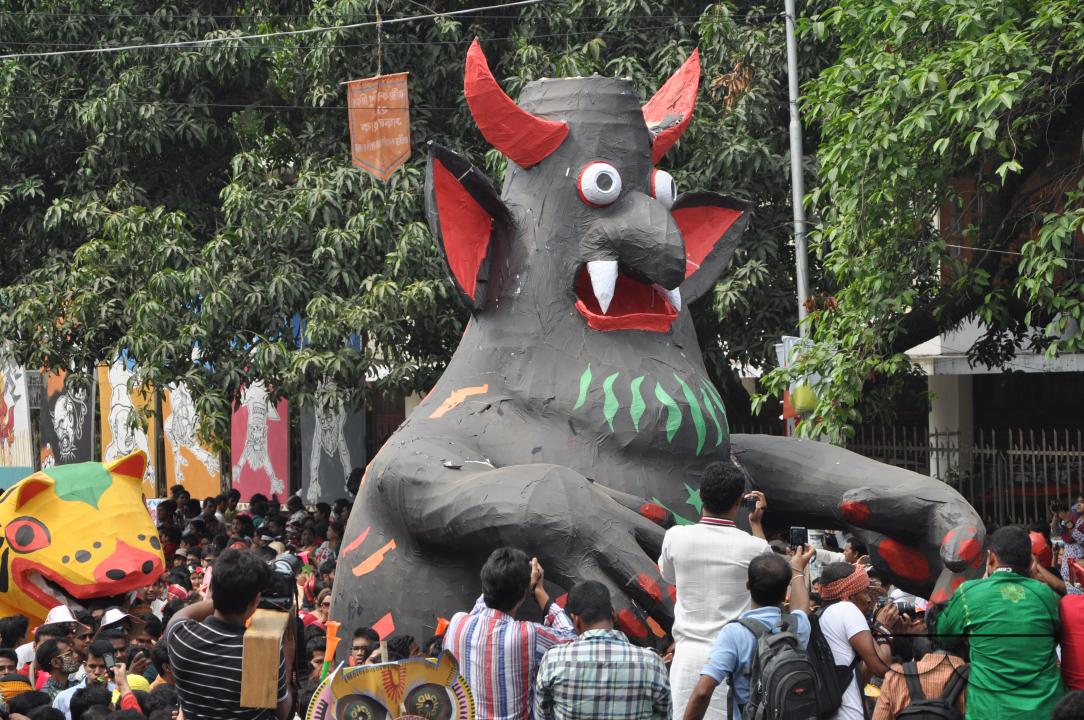 People celebrating in a colorful parade on the streets as a part of New year celebrations