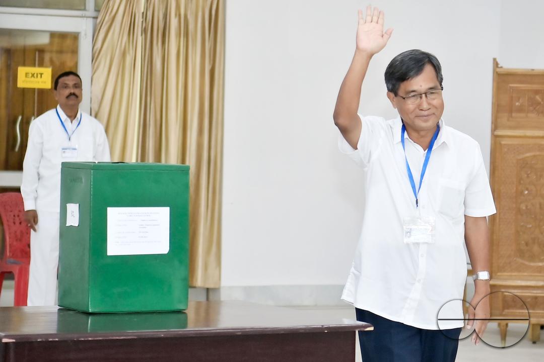 CPIM party secretary Jiten Choudhary at the by-election to the Council of States (Rajya Sabha) at the Secretariat in Agartala