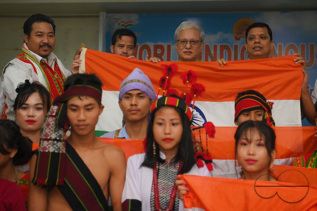 Ex Deputy CM Jishnu Dev varma, Minister of sports and youth of Tripura, Tinku Roy and Minister of Cooperation, Tribal Welfare, Sukla Charan Noatia are seen during a cultural program on the occasion of World Indigenous Day at an auditorium in Agartala