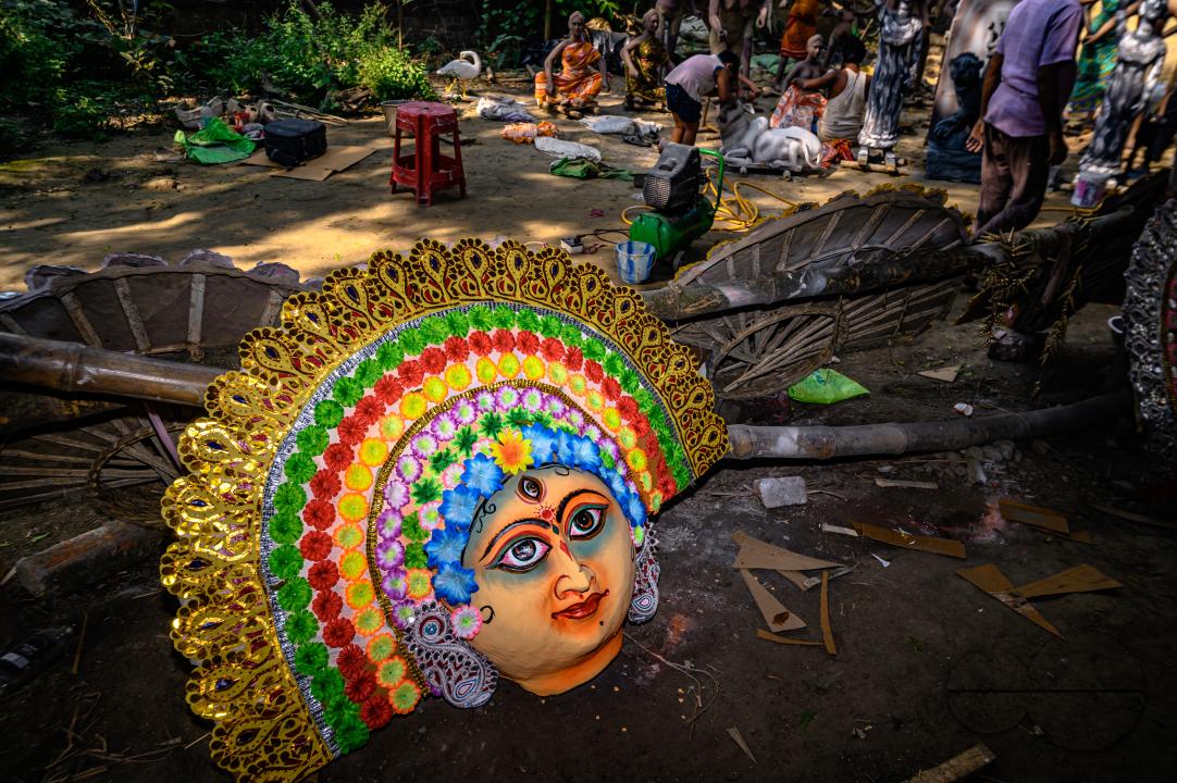 A village idol artist makes large color masks modeled after Purulia Chhau dance masks (Purulia Chhau dance is listed on UNESCO's World Heritage list of dances) of goddesses, animals, and rakshasas (humanoid demons or unrighteous spirits) like Hindu mytho