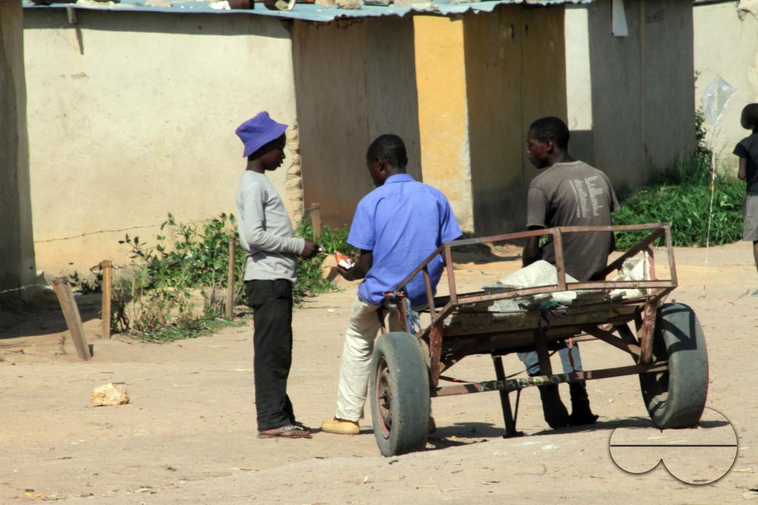 Young boys seated on their cart as they wait for customers at Hopeley Farm Settlement in Harare, Zimbabwe.