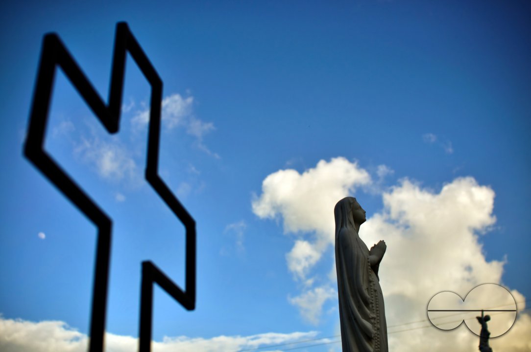 Sculptures with blue sky on the backdrop