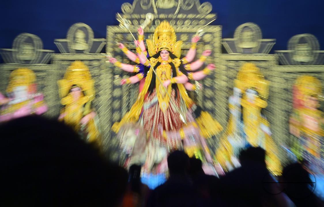 The Hindu goddess Durga is pictured inside a "pandal" or temporary platform during the Durga Puja festival in Agartala