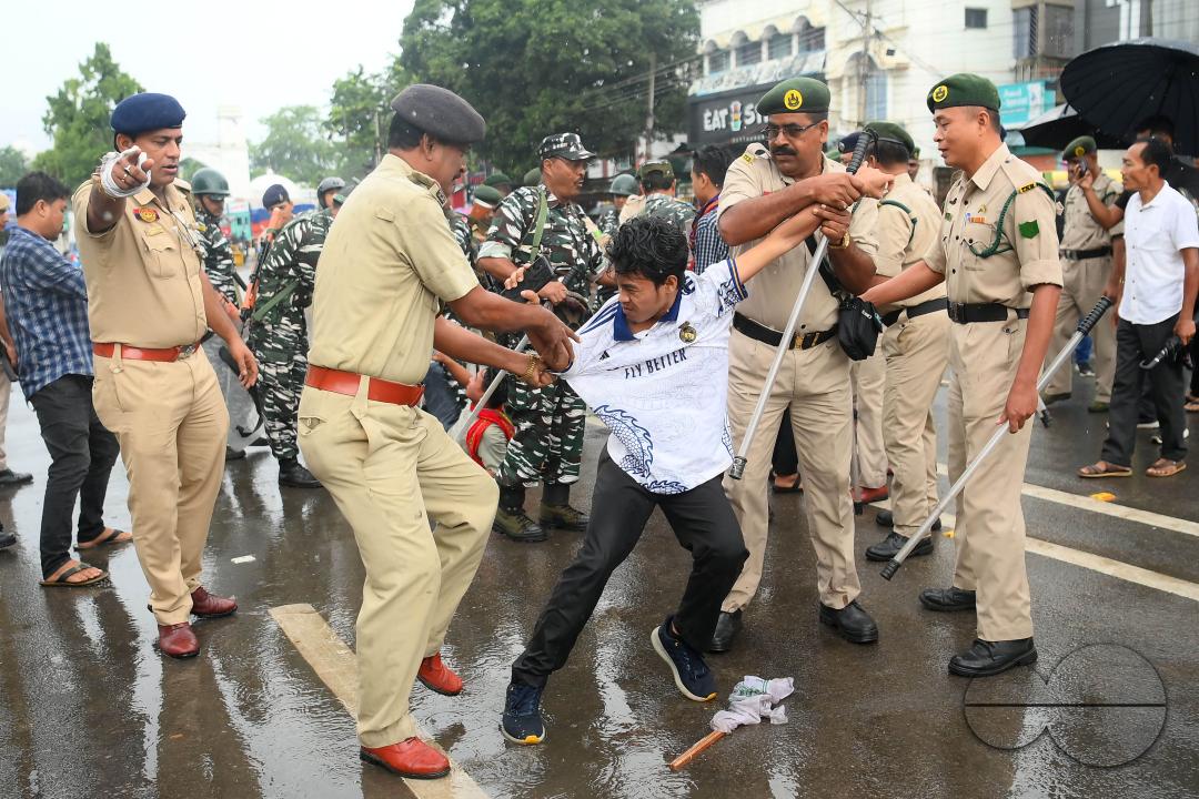 The members and supporters of the TSF (Twipra Students Federation) are protesting and demanding the introduction of Kokborok in Roman Script and passage of the 125th Constitutional Amendment Bill during their statewide 12-hour strike in Agartala