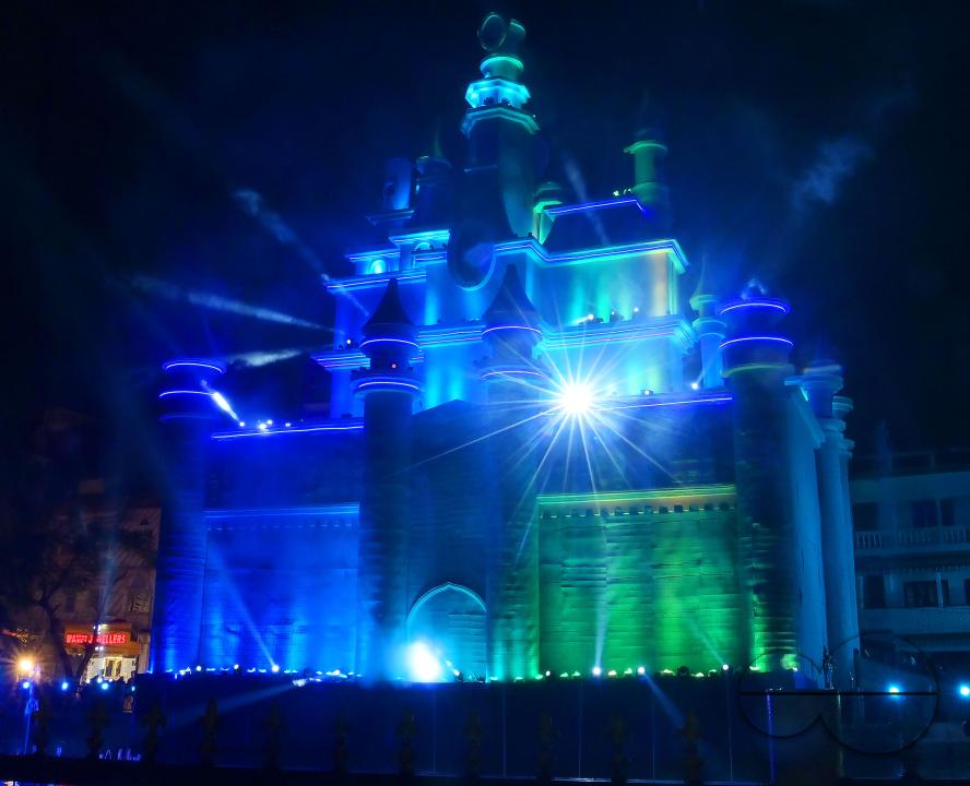An illuminated "pandal", or temporary platform is seen where the idols of Durga are kept, and the worship of the Mother Goddess Durga is taking place during the Durga Puja festival in Agartala