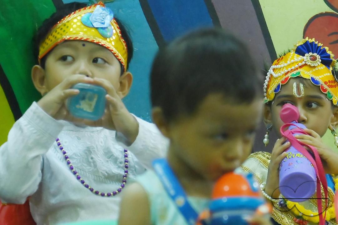Students of the "My Chotaââ pre-School dress up as Hindu deity "Krishna", on the eve of the Krishna Janmashtami Festival at Agartala