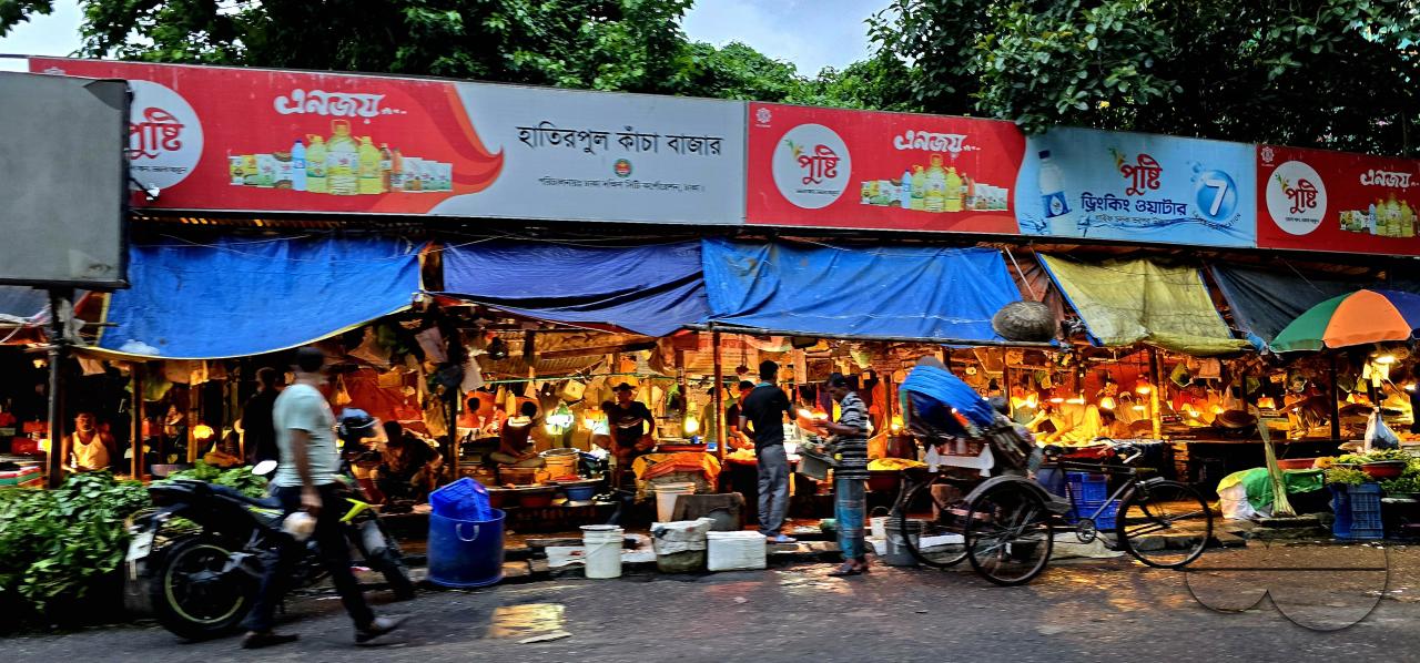 An evening street market in Dhaka, Bangladesh.