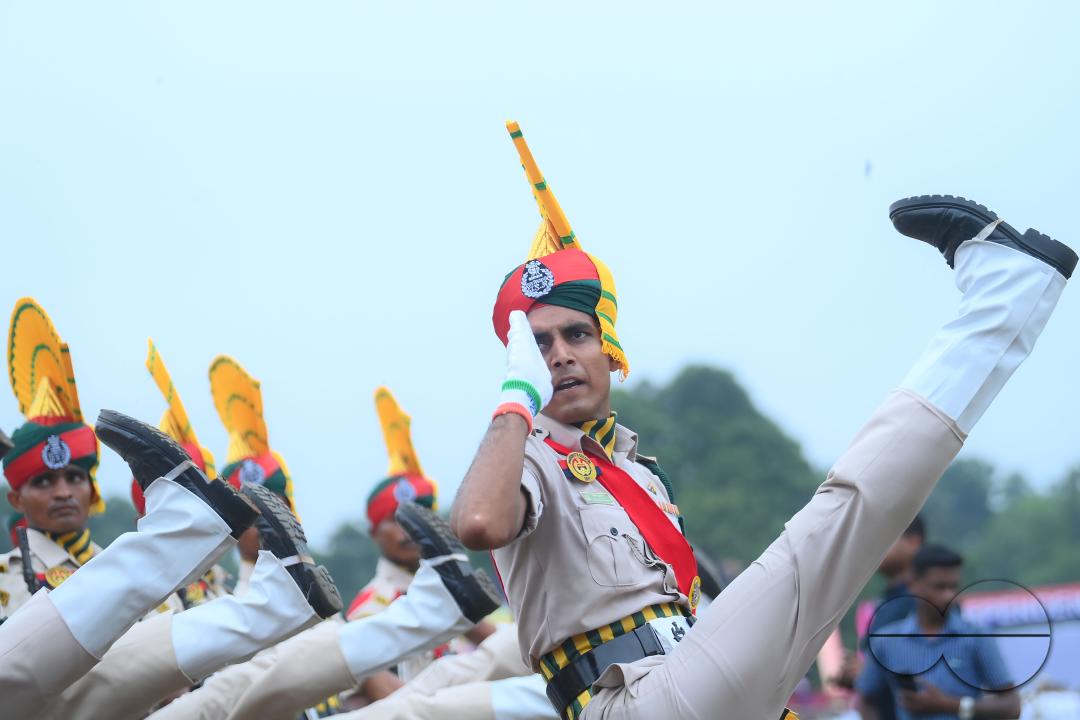 Soldiers of different platoons at the 77th Independence Day parade at the Assam Rifles ground in Agartala
