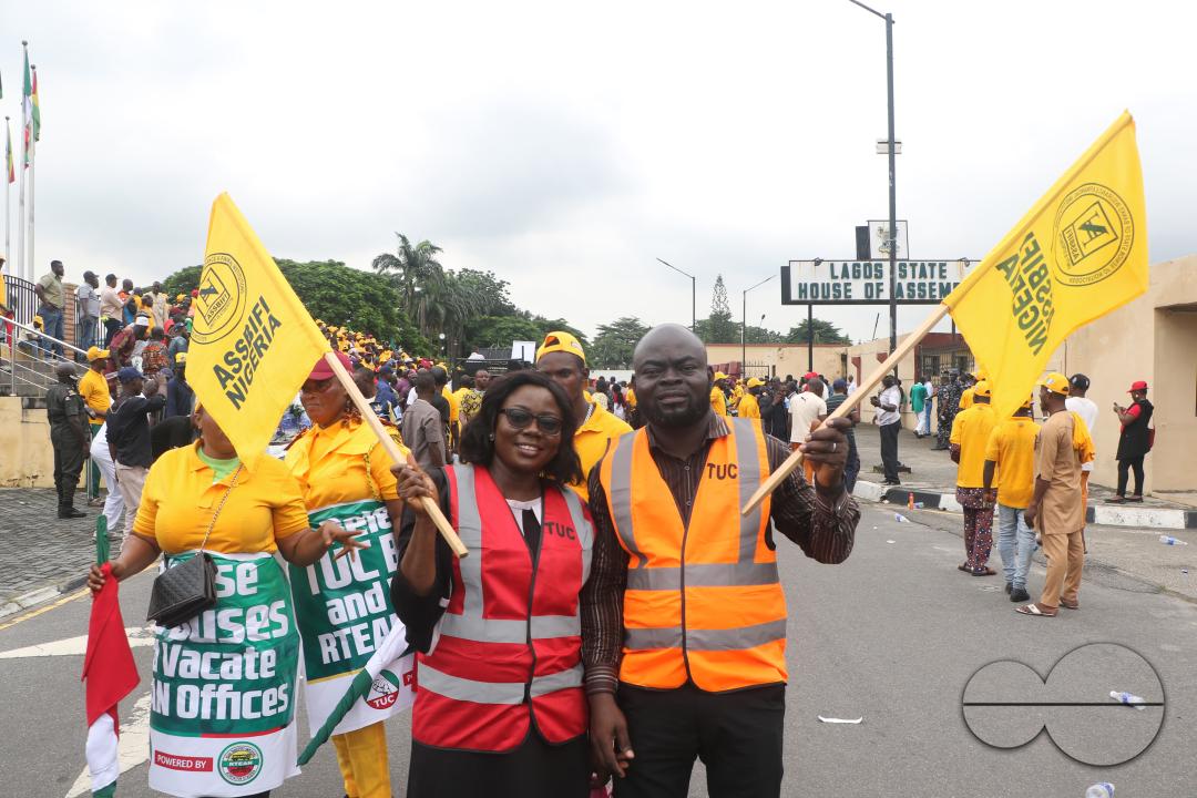 Members of  the Trade Union Congress (TUC) and the Road Transport Employers Association of Nigeria, RTEAN gather to protest against the ban on RTEAN operations by the Lagos state government in Ikeja, Lagos, Nigeria.