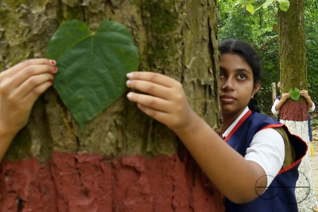 NSS (National Service Scheme) volunteers and school students of Netaji Subhas Vidyaniketan hug trees on the eve of World Nature Conservation Day