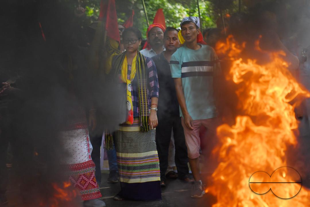 The âTipraha Indigenous Progressive Regional Alliance (TIPRA)ââ supporters raise slogans demanding a separate Greater Tipraland state for tribals, in Bermuda Ashram Para
