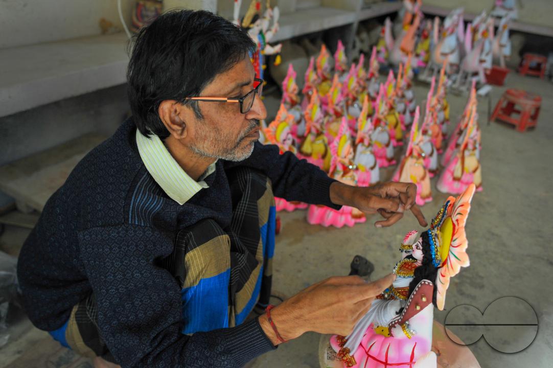 Hindu deity Saraswati's statue is being decorated in Sylhet