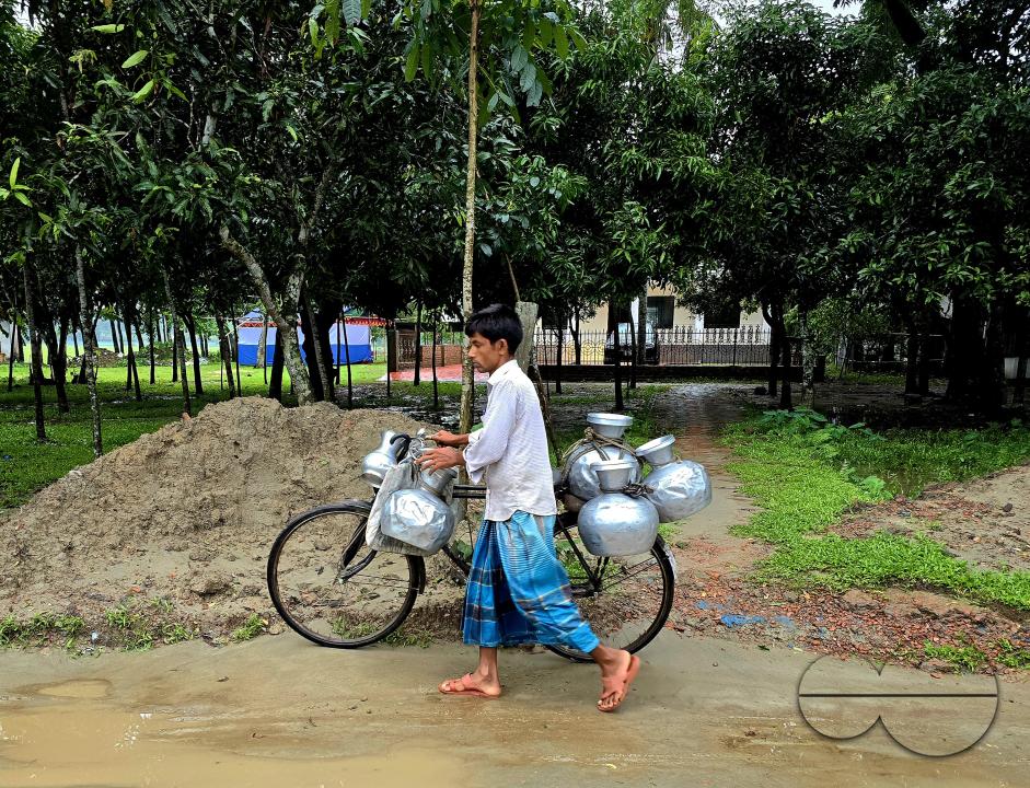 A milkman on a bicycle, with milk cans where water hyacinths are used inside the can to stop the milk from spilling, are a regular sight in rural villages where fresh milk is consumed by all the villagers from nearby dairy farms