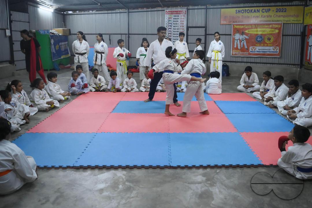 Children, who are students of the "Shotokan Karate-Do Association of Tripura", are seen performing karate during a special class on Children's day in Barjala, at Agartala